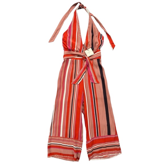 Dress Forum Womens Large Stripe Orange Pink Brown Halter Jumpsuit Cropped Jumper - Picture 1 of 15